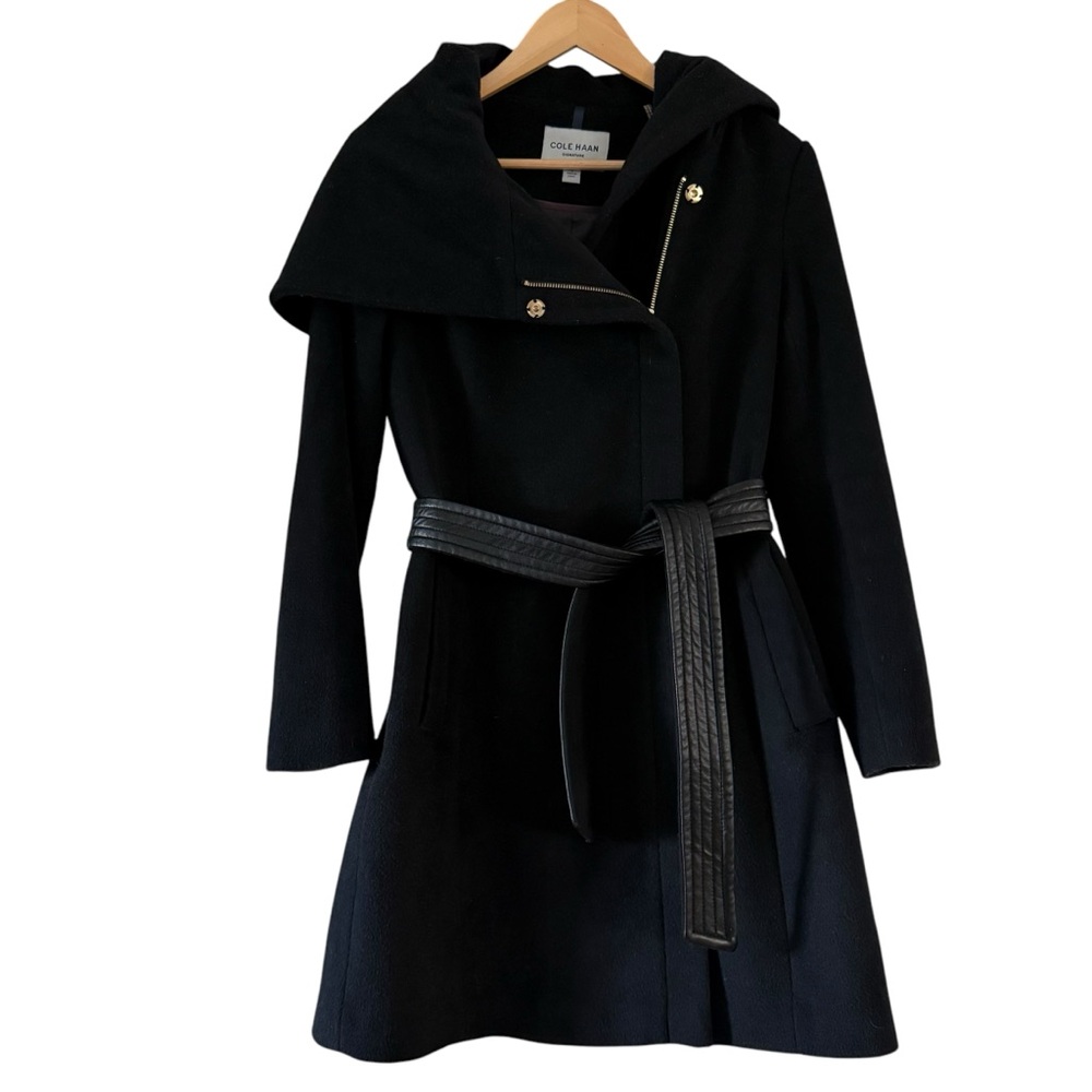 COLE HAAN Hoodied Tie Waist Wool Blend Coat BLACK